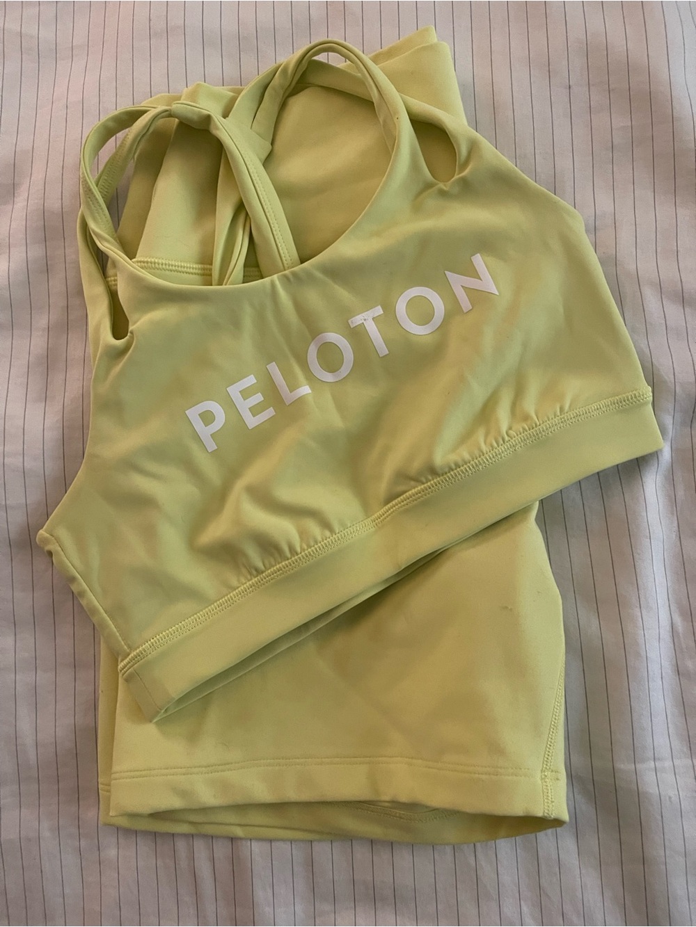 Peloton Pale Yellow Racerback Sports Bra and Bike Shorts Set with White Logo